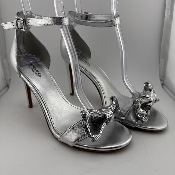 Michael Kors Paris Women's Size 6.5M Silver Sequin Heels Ankle Strap Sandal NWOB - Picture 4 of 10